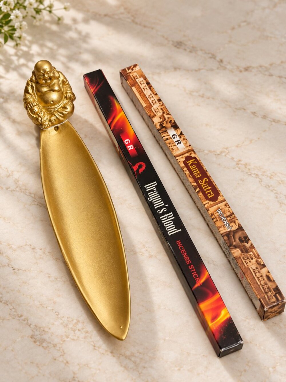 Gold Buddha Incense Holder & 2 Scented Incense Packs Set